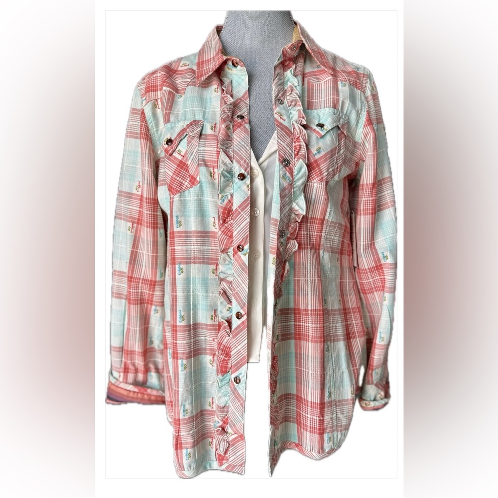 Tasha Polizzi Red and Blue Plaid Jacket with Ruffle Details